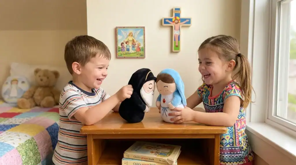 Two children playing in a bedroom with Virgin Mary and Saint Charbel plush toys on a desk