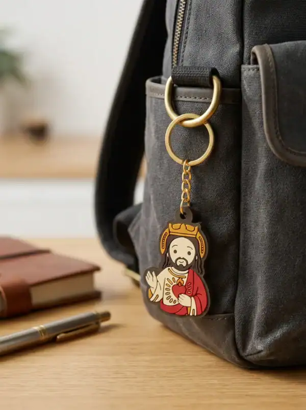 Jesus keychain, a Catholic gift, clipped to a backpack on a wooden desk