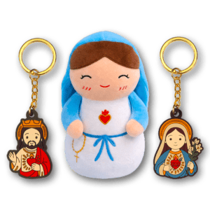 Jesus and Mary keychains with Mary plushie