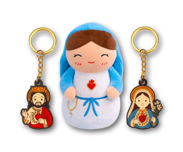 Jesus and Mary keychains with Mary plushie