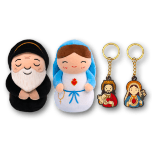 Product image of Saint Charbel and Virgin Mary plushies as well as Jesus and Mary keychains