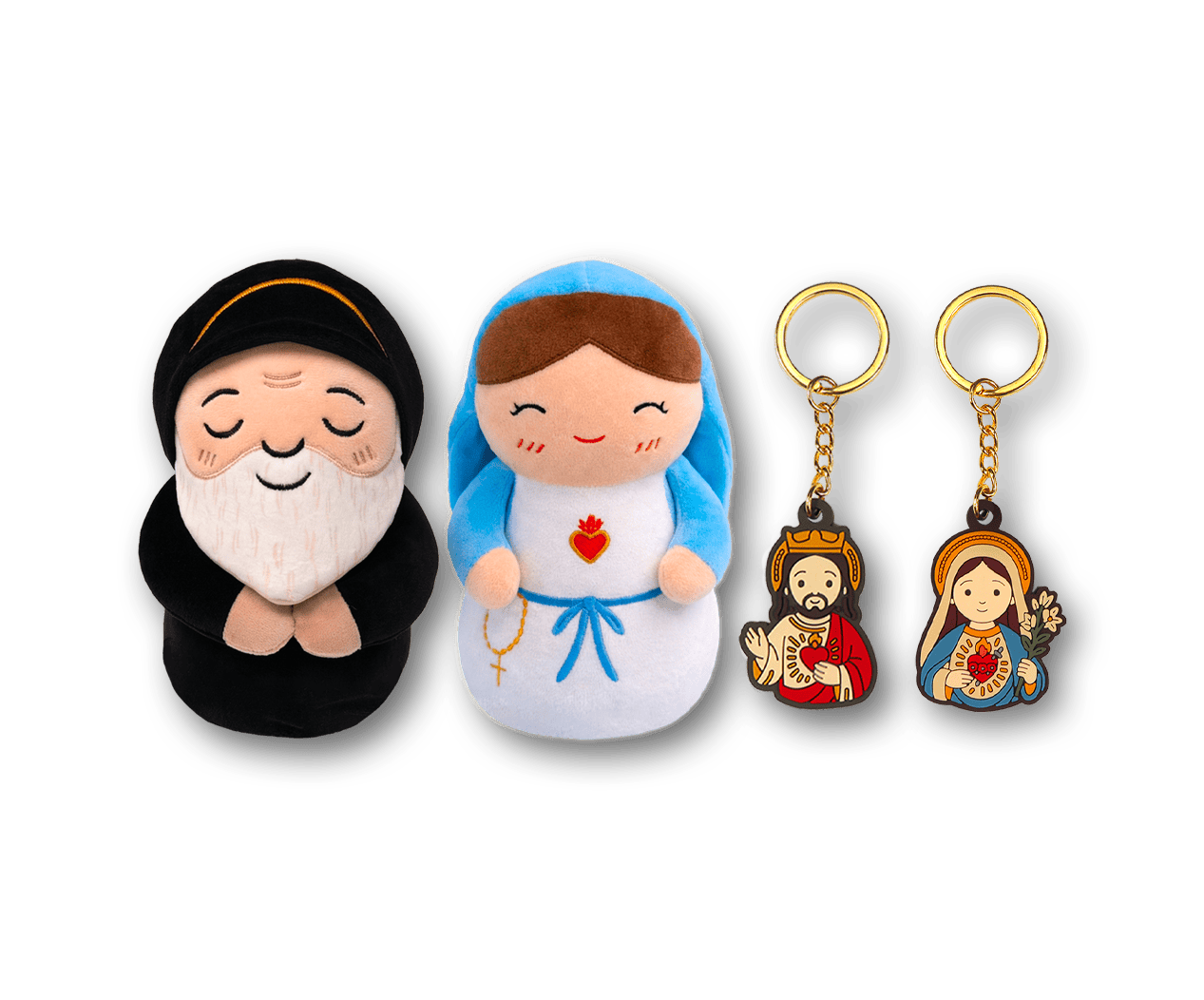 Product image of Saint Charbel and Virgin Mary plushies as well as Jesus and Mary keychains