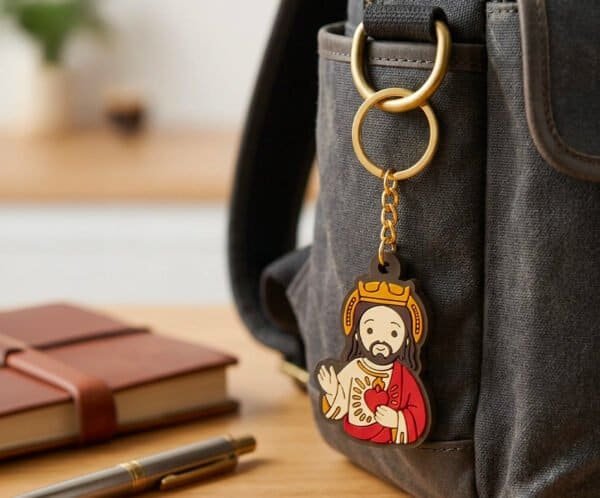Jesus keychain, a Catholic gift, clipped to a backpack on a wooden desk