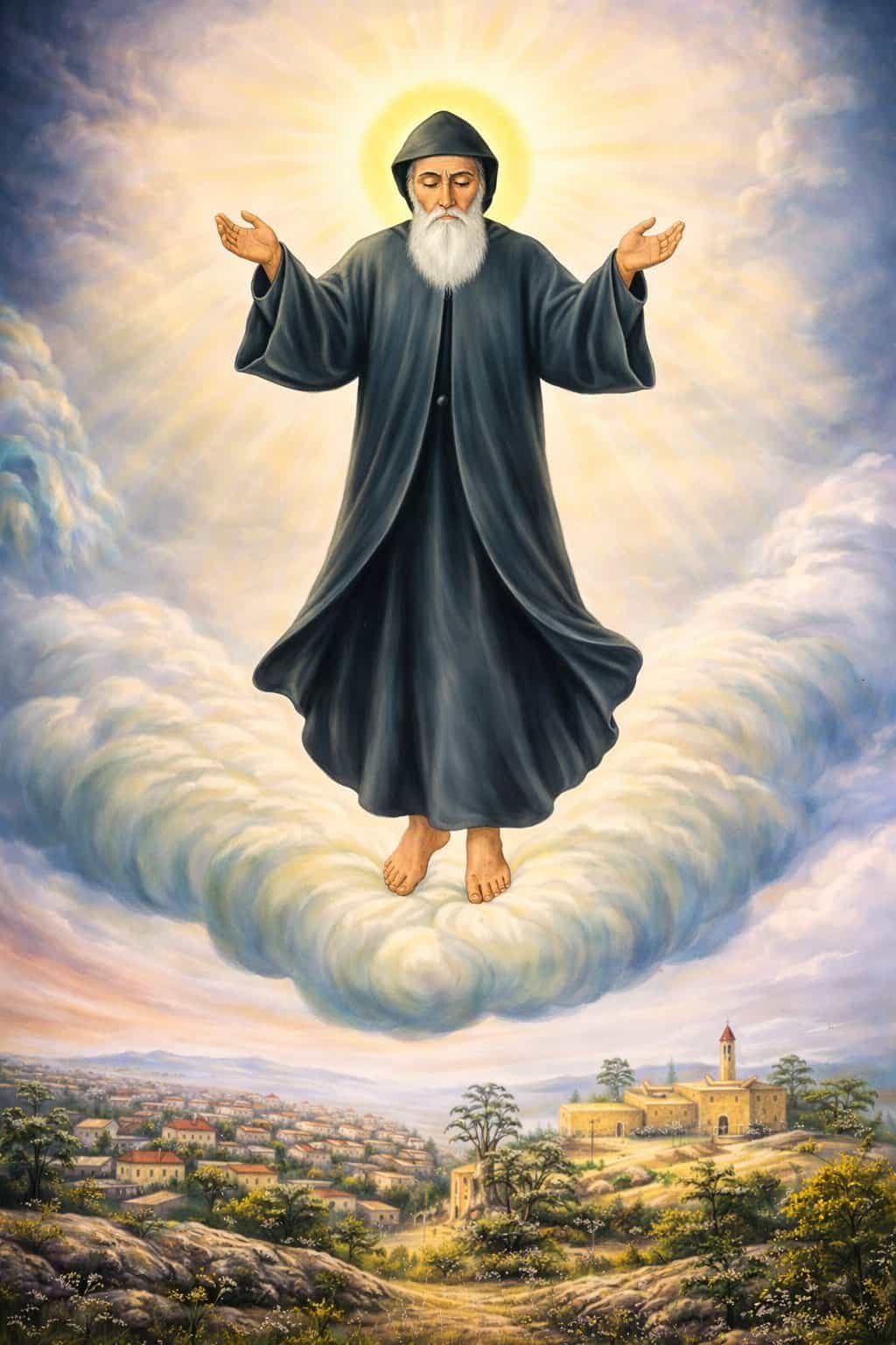 Painting of Saint Charbel in the clouds