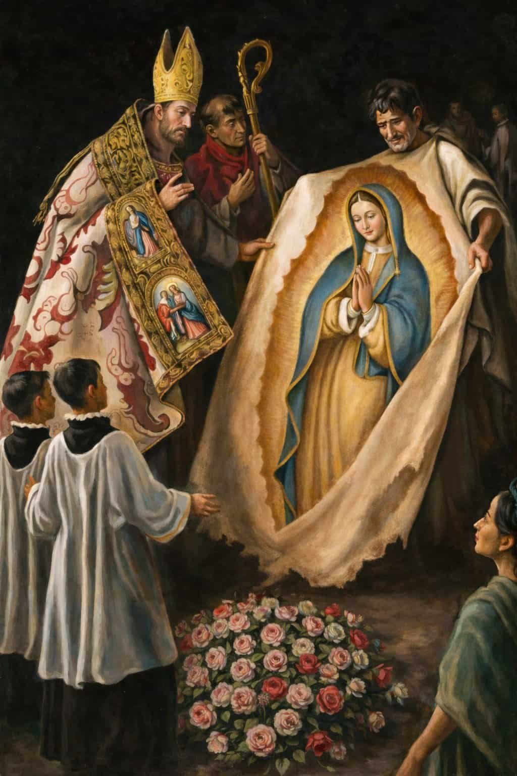 Painting of our Lady of Guadalupe being shown off the drape to the archbishop