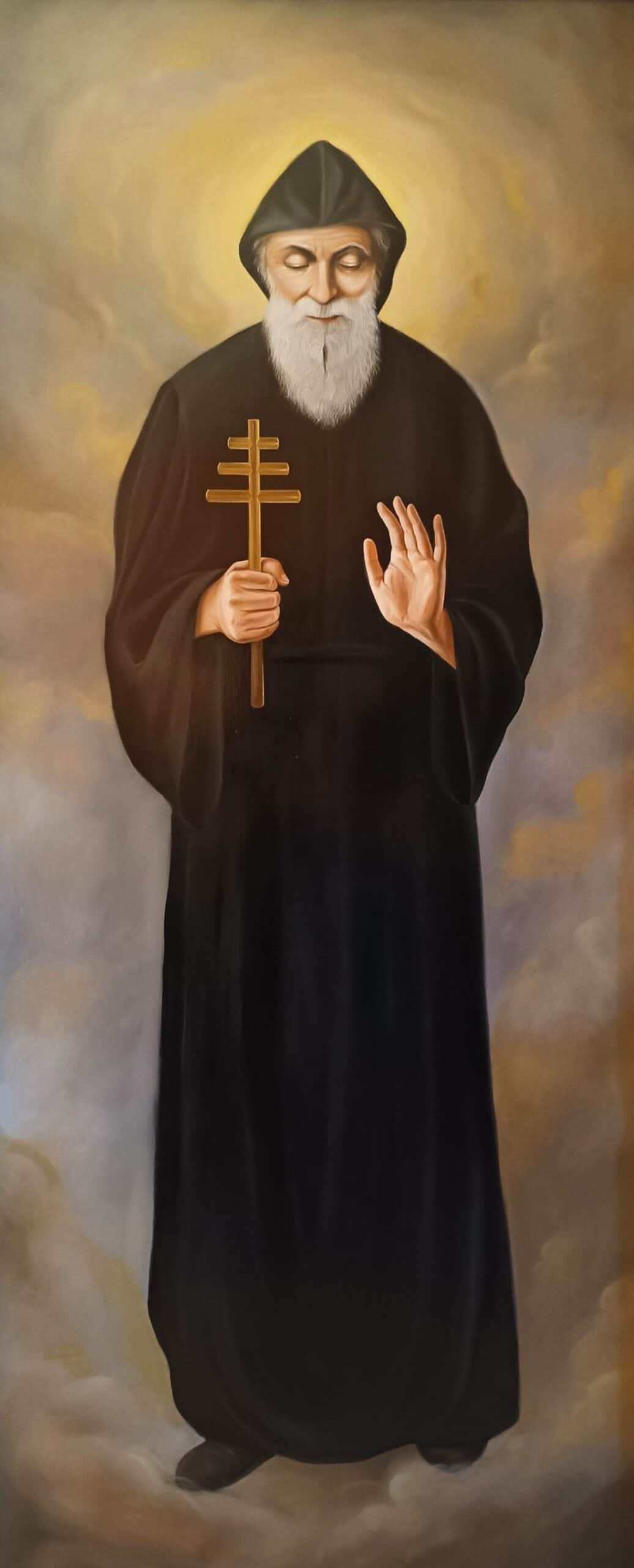 Painting of Saint Charbel in the clouds with a cross