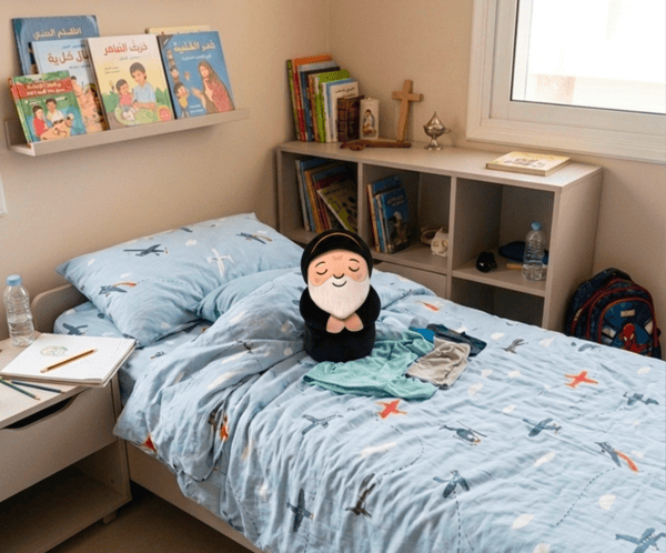 Saint Charbel plush toy on a bed in a Maronite child's bedroom