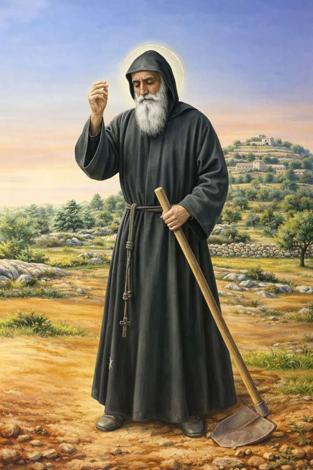 Painting of Saint Charbel cultivating crops and doing a sign of the cross