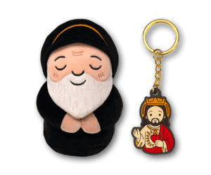 Front image of Saint Charbel plushie and Jesus keychain