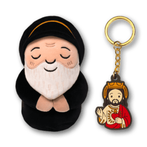 Front image of Saint Charbel plushie and Jesus keychain