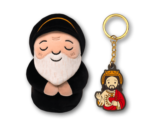 Front image of Saint Charbel plushie and Jesus keychain