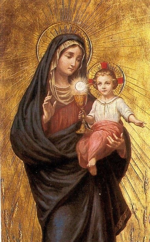 Painting of Mary and baby Jesus holding the eucharist and wine