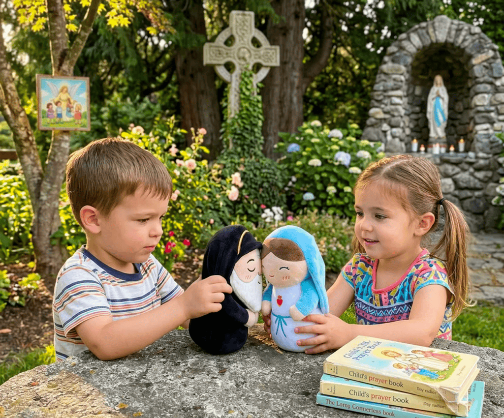 A boy and a girl playing outside with Virgin Mary and Saint Charbel plush toys