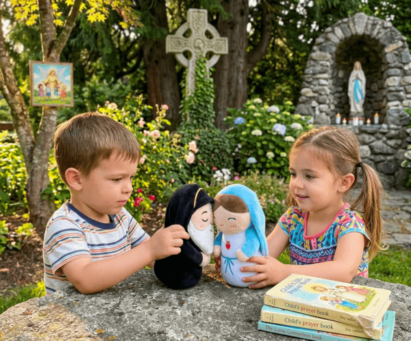A boy and a girl playing outside with Virgin Mary and Saint Charbel plush toys