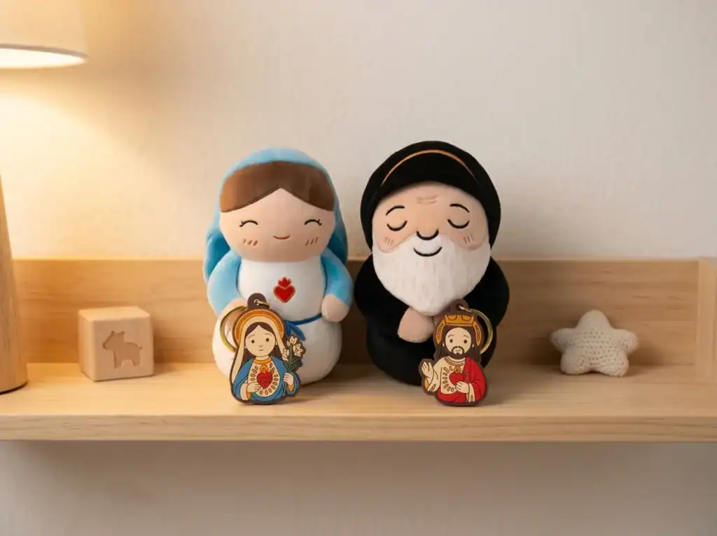 Virgin Mary plush toy, Saint Charbel plush toy, Virgin Mary keychain, and Jesus keychain on a shelf in a child's room