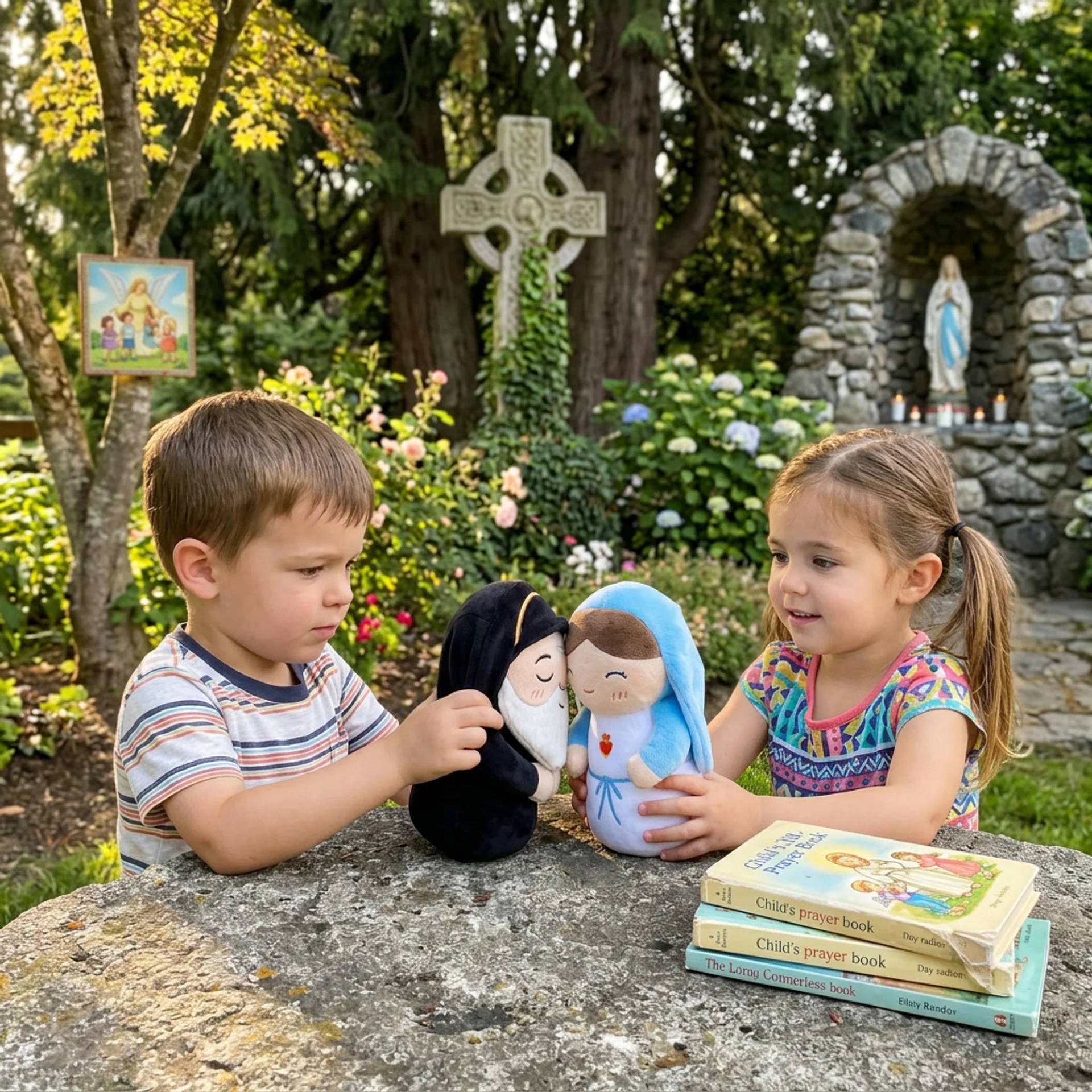 A boy and a girl playing outside with Virgin Mary and Saint Charbel plush toys