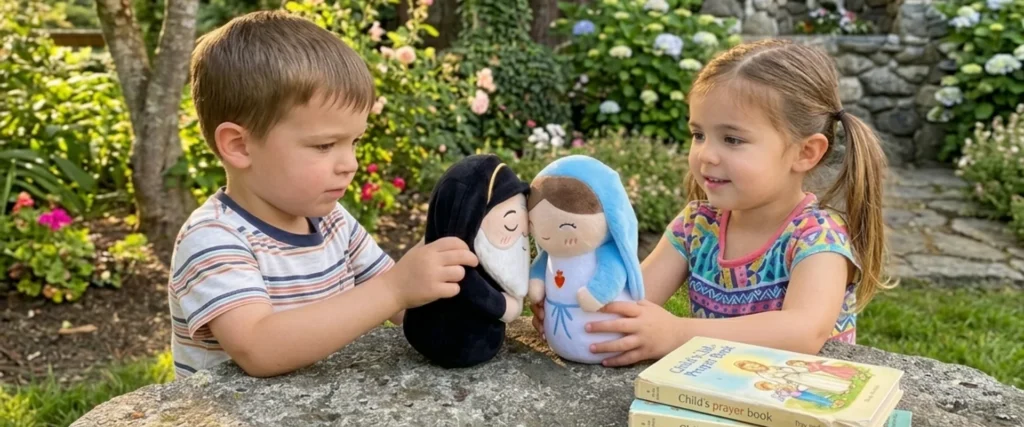 Two children holding Saint Charbel and Mary plushies playing outside in a garden.