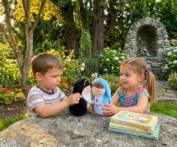Two children playing with Virgin Mary and Saint Charbel plushies in a garden, a Catholic gift for kids