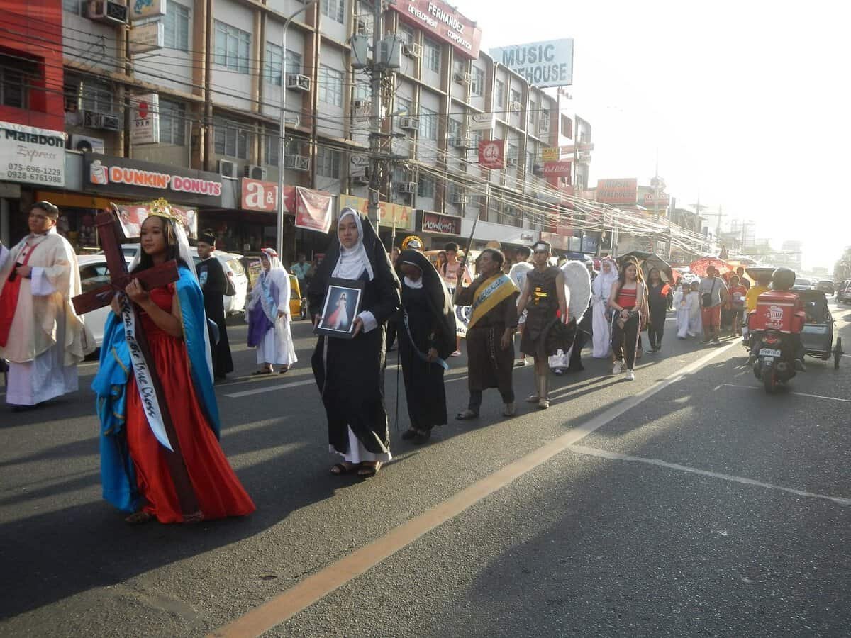 All Saints Day parade of saints procession, Catholics dressed as saints, Dagupan Cathedral Philippines